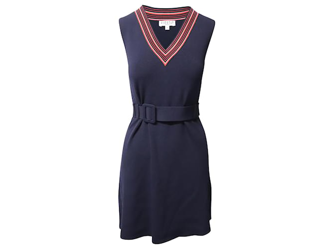 Claudie Pierlot Striped V neck Knitted Dress in Navy Blue Viscose