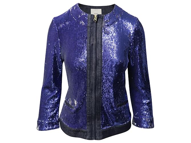 Pinko Tag Sequin Embellished Jacket in Blue Denim Cotton  ref.490487