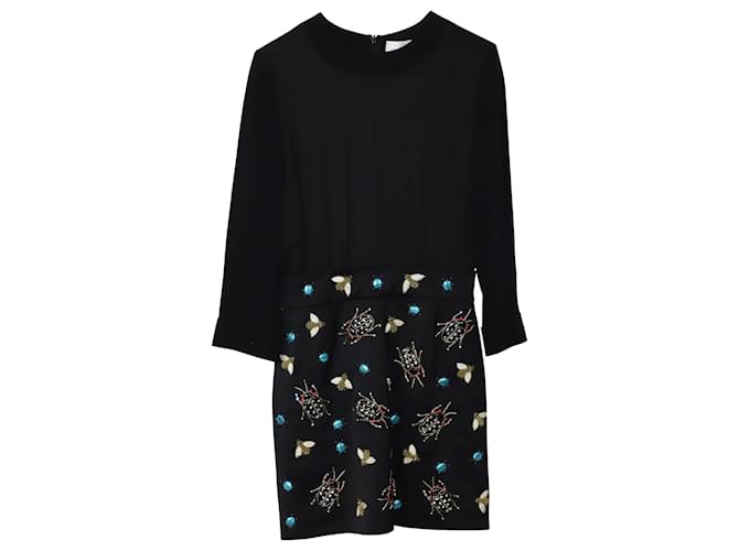 Victoria Beckham – Langärmliges Kleid mit Insektenapplikation aus schwarzer Viskose Zellulosefaser  ref.490511