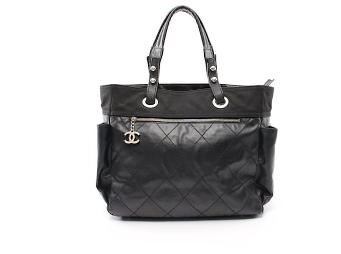 [Occasion] Chanel CHANEL Paris Biarritz GM sac à main sac cabas en cuir enduit noir matériel argenté  ref.490787