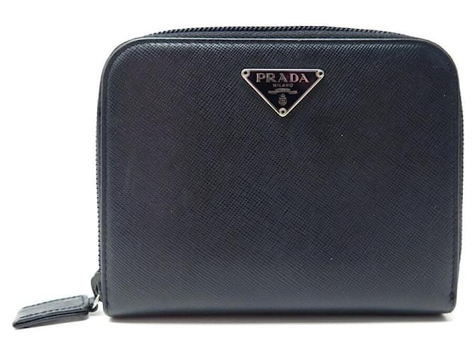 Prada Blue Saffiano Leather Zip Around Wallet Prada