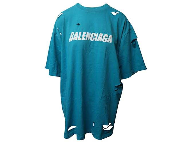 Balenciaga Ripped Oversize Logo Tee in Turquoise Cotton ref.491455 Joli Closet