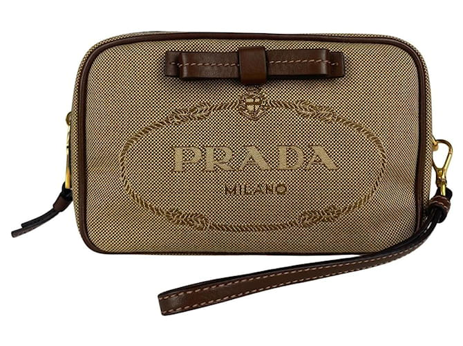 Bolsa clutch com logo Prada Jacquard Bege Lona  ref.492407