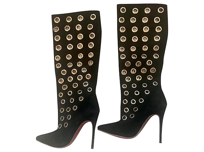 Christian Louboutin Bottes Apollo en daim noir œillets dorés embellis Suede  ref.492476