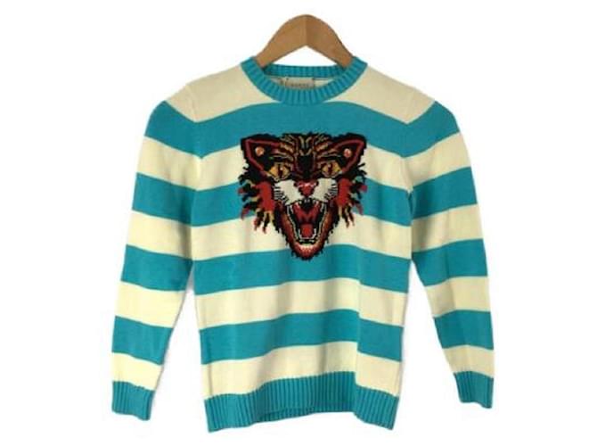 [Used] GUCCI Angry Cat / Sweater (thin) / 8 / Cotton / BLU / Border Blue Multiple colors  ref.492781