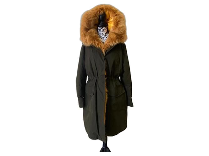 Moncler Black Hypolais Parka Coat DOWN JACKET Beige Green Synthetic Fur  ref.493099