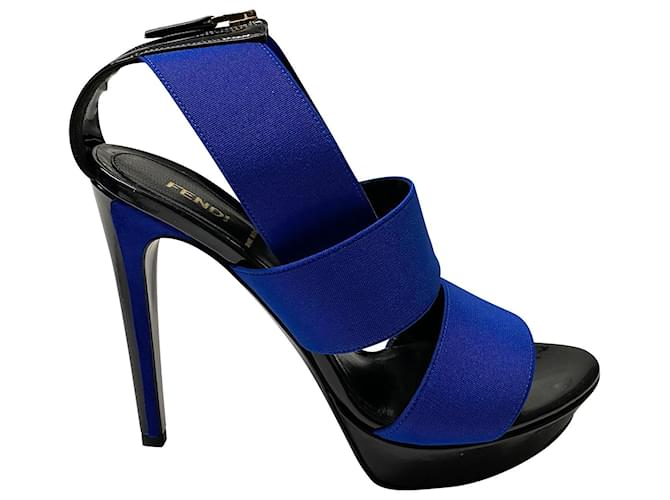 Fendi Vernice Elastic Strap Sandals in Blue and Black Patent Leather  ref.493694