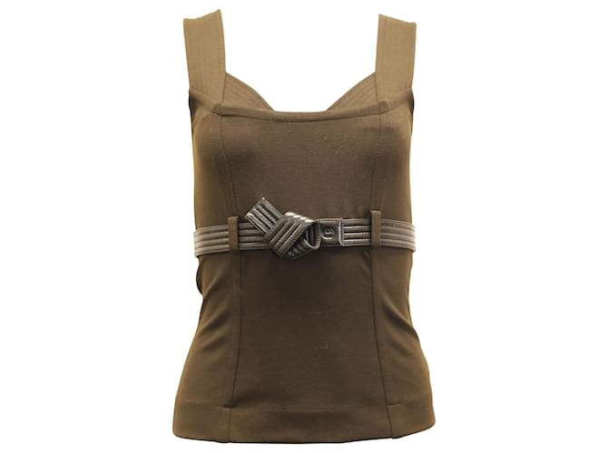 Top sin mangas Gucci con cinturón de cuero desmontable en lana marrón Castaño Algodón  ref.493709