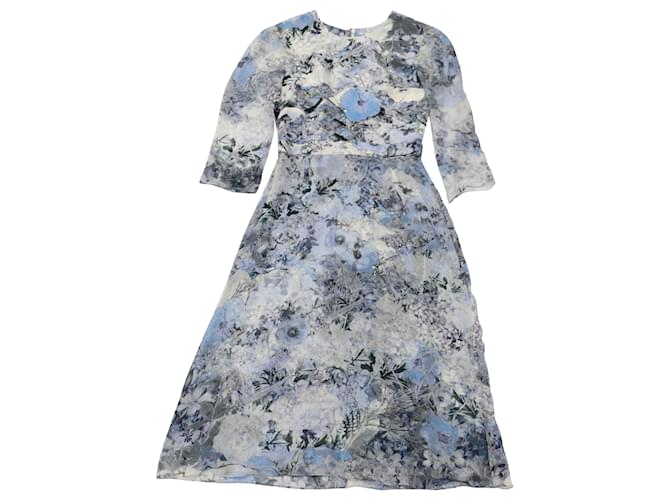 Erdem Floral Midi Dress in Blue Silk  ref.493737