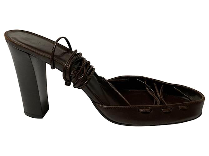 Bottega Veneta Sandálias de tiras com cadarço e salto de madeira em couro marrom  ref.493781