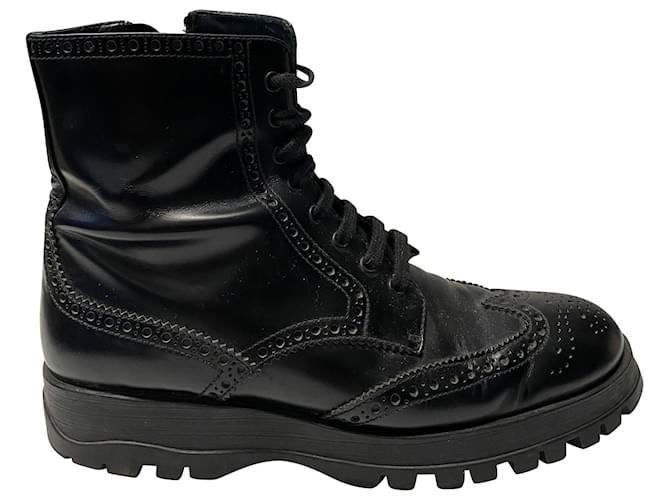 Prada Lace-up Brogue Ankle Boots in Black Leather  ref.493803