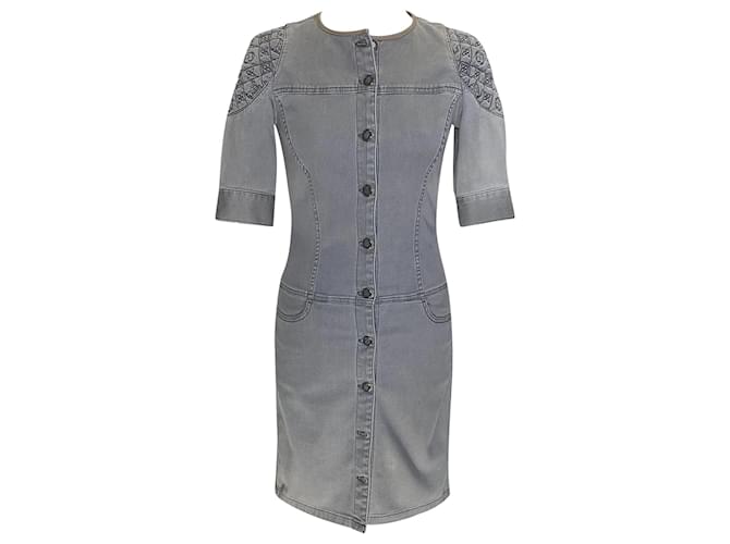 Louis Vuitton dress in grey cotton with buttons and shoulders in LV print  ref.493813