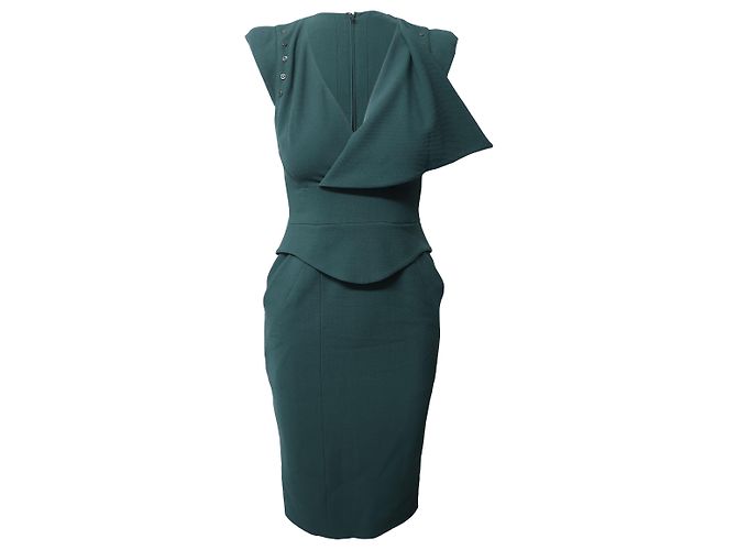 Autre Marque Antonio Berardi Peplum Midi Dress in Green Virgin Wool