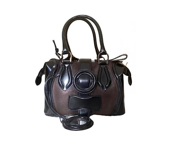 Balenciaga Sac Superb Bag aus schwarzem/braunem Lackleder und Wildleder Schokolade Pelz  ref.493945