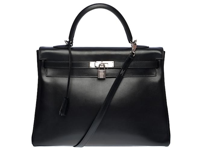 Hermès Rara e excepcional bolsa Hermes Kelly 35 alça de ombro devolvida em caixa de couro preta, guarnição de metal prata paládio Preto  ref.494000