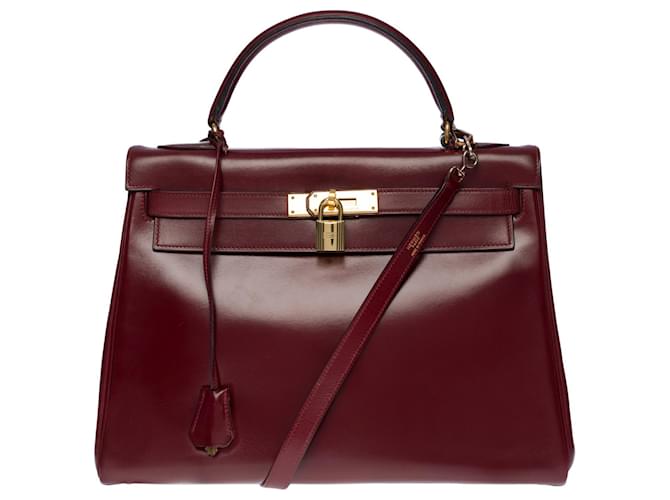 Magnífica bolsa Hermès Kelly 32 alça de ombro virada em couro bordô (H vermelho), guarnição de metal banhado a ouro Bordeaux  ref.494002