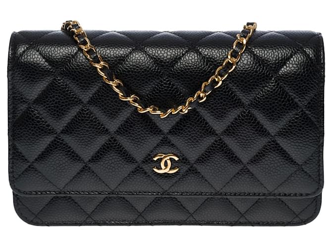 Wallet On Chain Magnífica cartera Chanel con cadena (WOC) En piel de caviar acolchada negra, guarnición en métal doré Negro Cuero  ref.494083