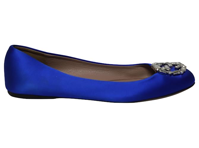Gucci GG Crystal Embellished Flats in Blue Satin  ref.494360
