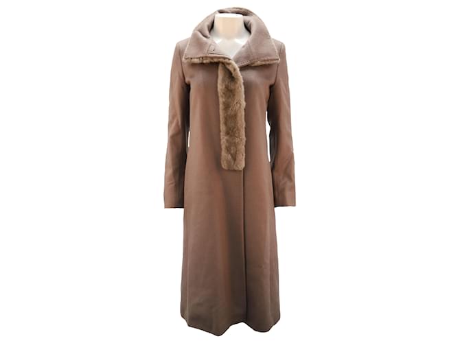 Max Mara Long Jacket with Faux Fur Collar in Brown Alpaca Fibre Wool  ref.494383