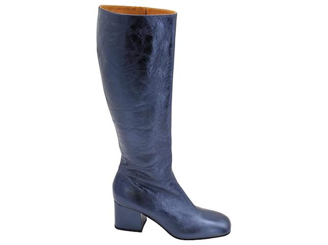 Marni Square-Toe-Stiefel aus blauem Metallic-Leder  ref.494390