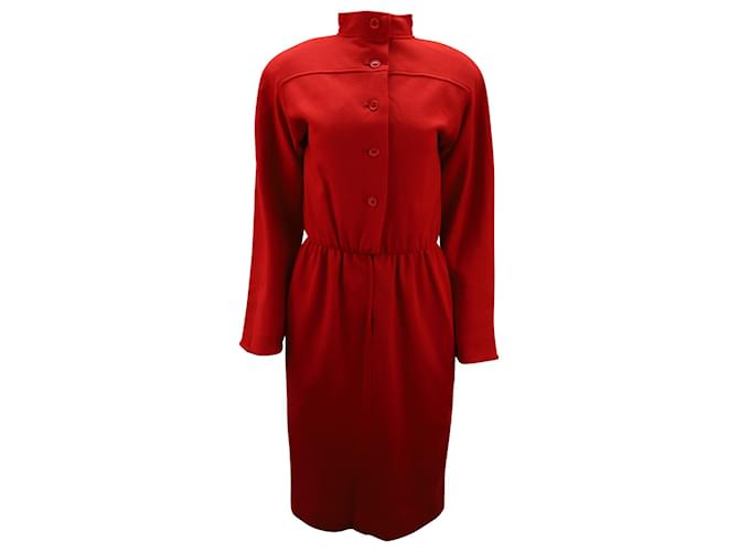 Oscar De La Renta Long Sleeve Buttoned Midi Dress in Red Wool  ref.494415