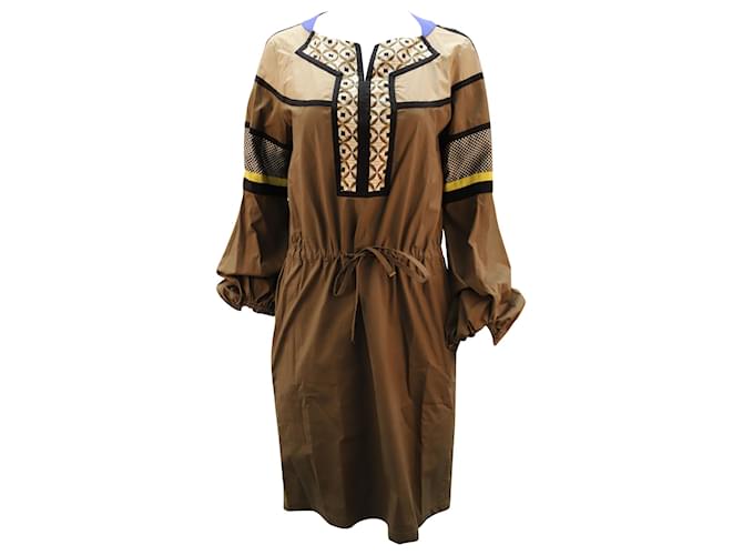 Etro Bedrucktes, langärmliges, knielanges Kleid aus brauner Baumwolle  ref.494437