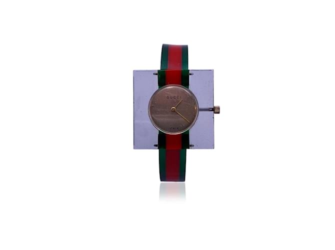 Gucci Montre-bracelet vintage en plexi Web rouge et vert à remontage manuel Plastique Multicolore  ref.494539