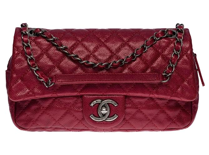 Timeless Bellissima borsa a mano Chanel Classic Flap bag in pelle caviale trapuntata rosso metallizzato, finiture in metallo rutenio  ref.495292