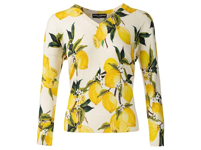 Dolce & Gabbana Cream Lemon Print Cashmere and Silk V Neck Sweater Yellow Wool  ref.495357