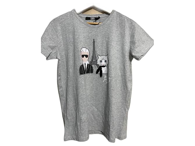 Karl Lagerfeld tee shirt karl & choupette à paris Coton Gris  ref.495669