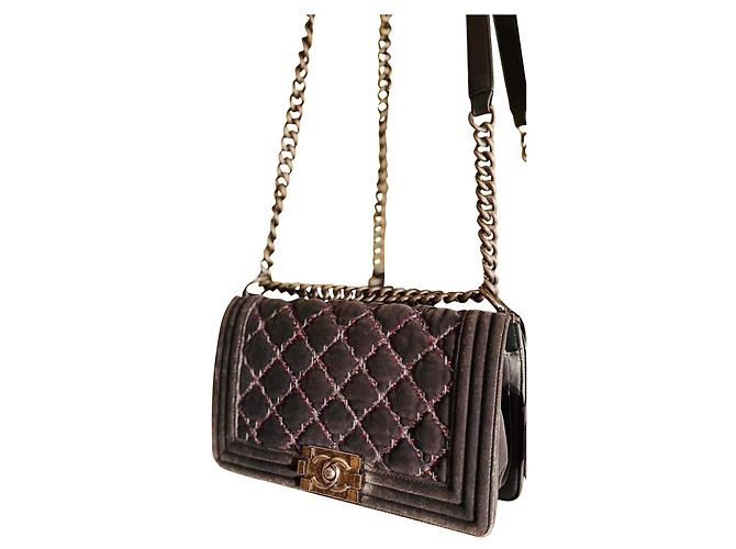 Chanel Boy Medium Samt Dunkelgrau Anthrazitgrau