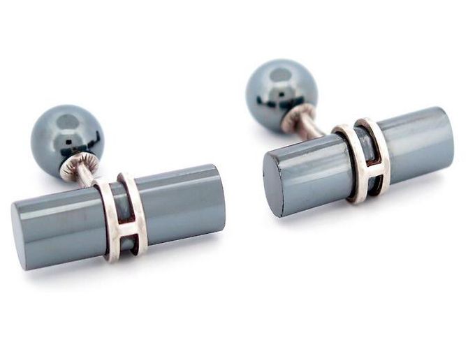 Hermès CUFFLINKS HERMES BATONNETS H SILVER CERAMIC CHROME CUFFLINKS Grey