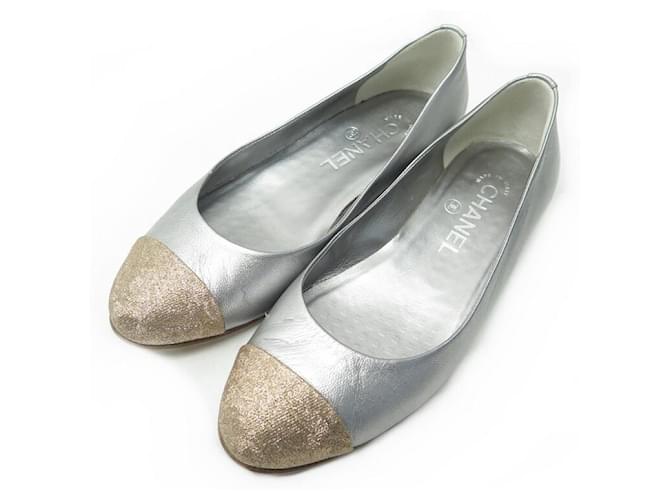 CHANEL SHOES BALLERINAS G23536 36.5 TWO-TONE LEATHER SILVER & GOLD SHOES  Silvery ref.496729 - Joli Closet