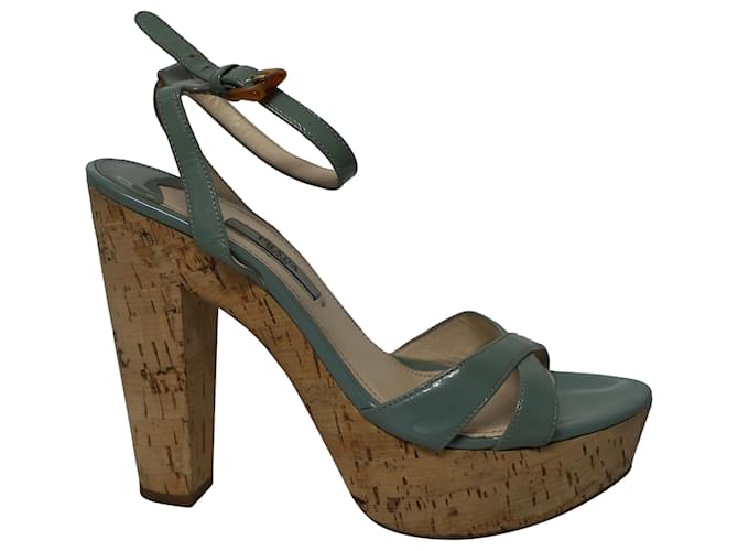 Prada Platform Sandals with Cork Heels in Green Patent Leather  ref.497274
