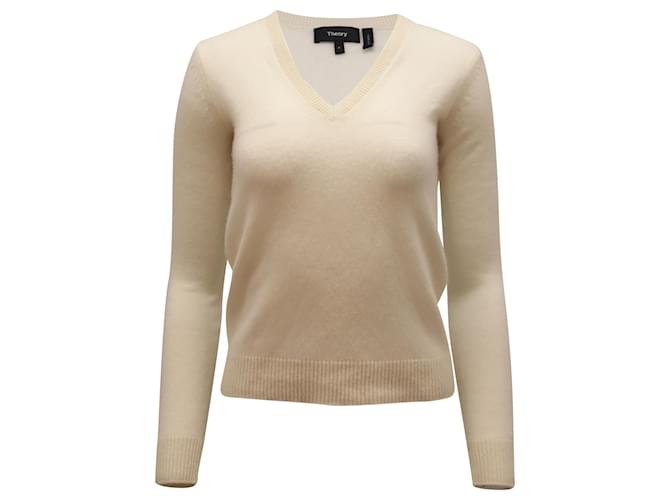 Theory V-Neck Sweater in Cream Cashmere