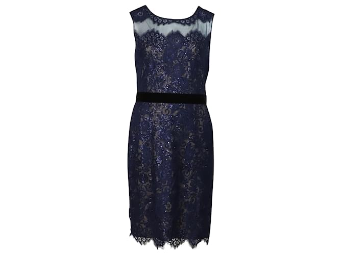 Autre Marque Marchesa Notte Lace Sequined Midi Dress in Blue Polyester  ref.497349