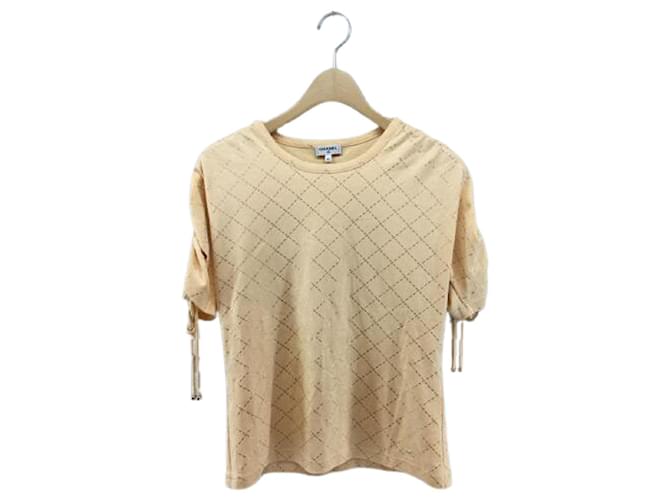 [Used] CHANEL Tops / 34 / Cotton / BEG / Gather / Crew neck / Color t-shirt / Lattice pattern / Secast Beige  ref.497560