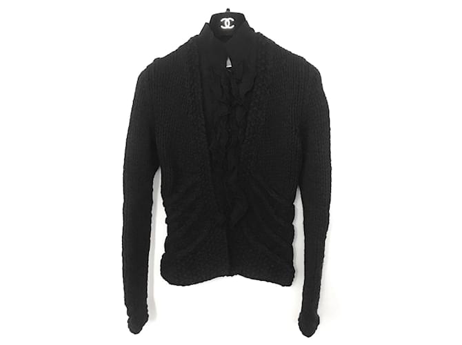 CHANEL Fall 2003 03A Ruffle Front Knitted Cardigan Jacket Black Wool  ref.497713