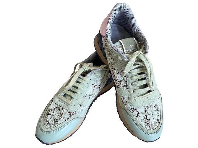 Baskets Valentino Garavani Vert Daim Cuir Dentelle