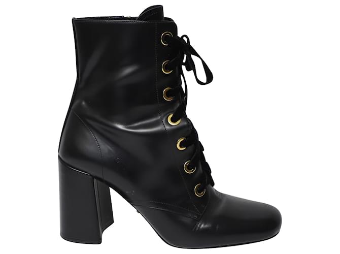 Prada Lug Sole Lace Up Ankle Boots in Black Leather  ref.499382