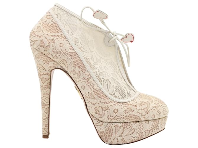 Charlotte Olympia Minerva Lace Platform Booties in Ivory Leather White Cream  ref.499409