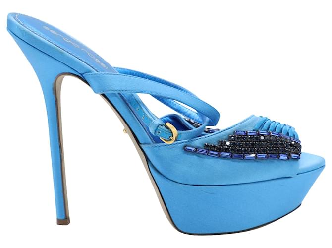Sandália plataforma com brilhantes Sergio Rossi em couro azul  ref.499412