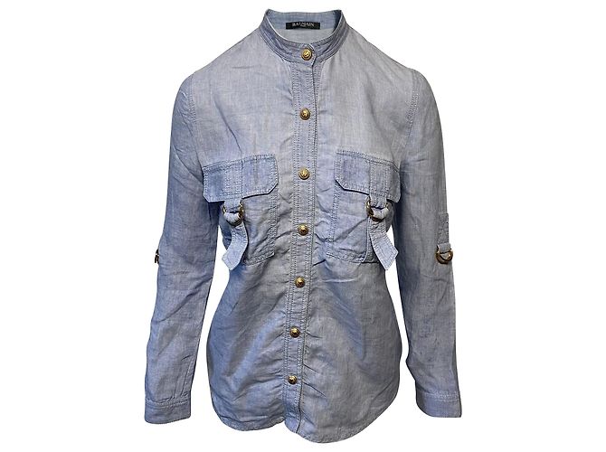 Camisa Balmain com mangas ajustáveis e bolsos em linho azul