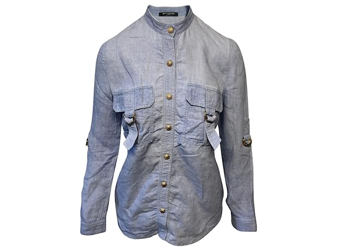 Camisa Balmain com mangas ajustáveis e bolsos em linho azul  ref.499421