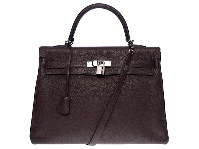 Hermès Stupenda borsa Hermes Kelly 35 tracolla restituita in pelle Togo marrone , finiture in metallo argento palladio  ref.499556