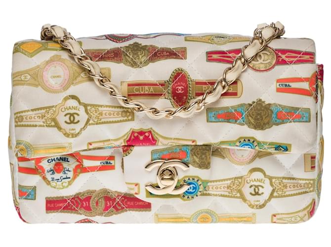 Sublime sac à main Chanel Classique flap bag édition limitée “Paris-Cuba” en satin blanc, garniture en métal champagne  ref.499738