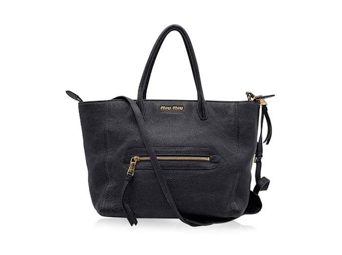 Miu Miu Black Leather Tote Satchel Handbag Bag Front zip pocket