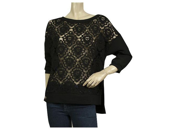 Philipp Plein Schwarze transparente Spitzenfront mit Strass Totenkopf-Logo Top-Bluse Größe S