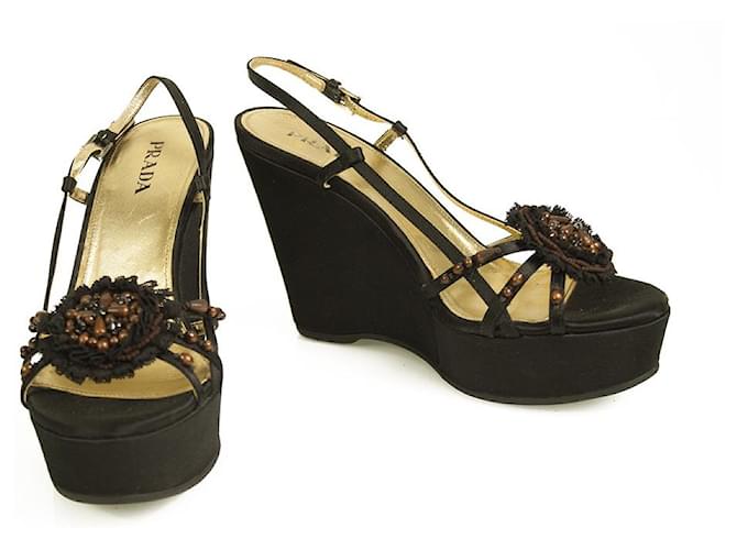 Prada Black Satin Brown Beaded Flower Platform Slingback Heels Wedges size 39.5  ref.500051