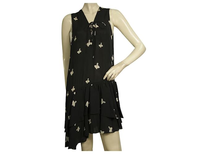 Zadig & Voltaire Rory Print Croix Black Asymmetric Length Ruffled dress size XS Viscose  ref.500063